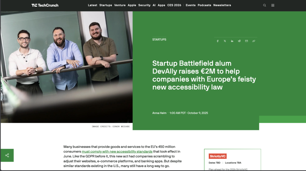 TechCrunch: Startup Battlefield alum DevAlly raises €2M to help companies with Europe’s feisty new accessibility law